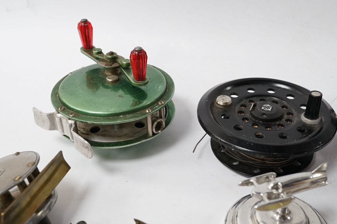 Sundry items comprising five fishing reels, a Chinese silver sedan chair and a Chinese jade comb. Condition - mostly fair